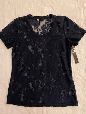 French Connection Women's Navy Lace Short Sleeve Top  SZ L